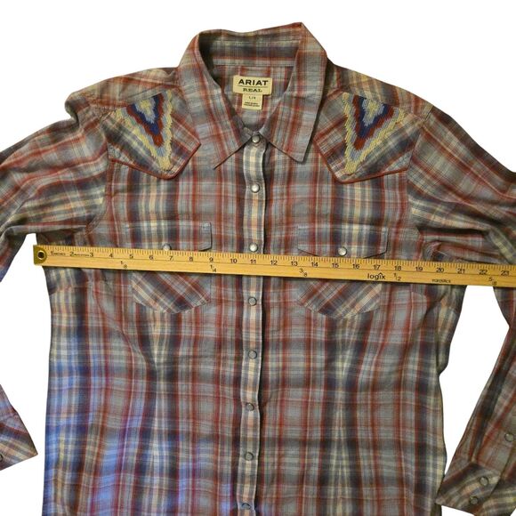 Ariat Aztec Embroidered Shirt L Real Cornflower India Cowgirl Rodeo Ranch - Picture 10 of 12